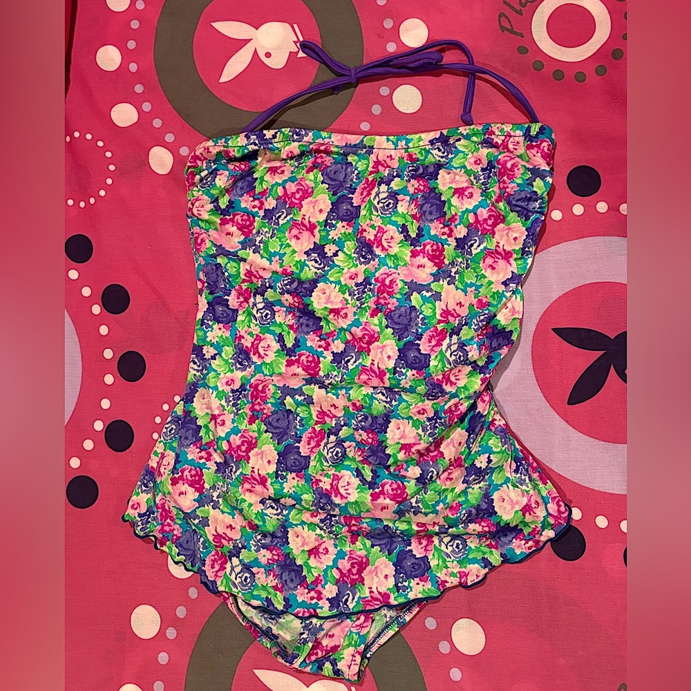 Vintage 1990s Pacific Connections Neon Cottagecore Pinup Skirted One Piece Swim